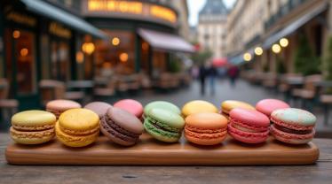 Macarons in diverse kleuren gepresenteerd in een Franse setting.