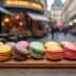 Macarons in diverse kleuren gepresenteerd in een Franse setting.