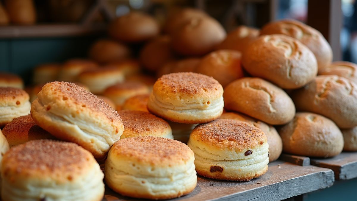 Marktkraam met Engelse muffins en Belgische specialiteiten.