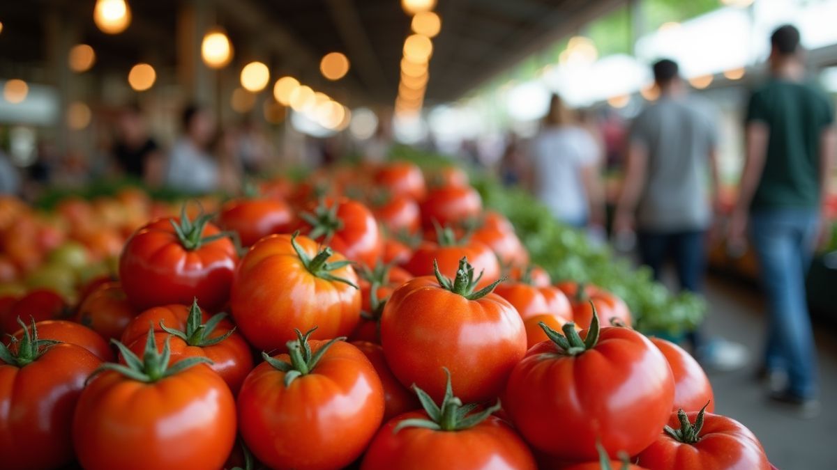 Marktscene met verse tomaten en mensen die winkelen.