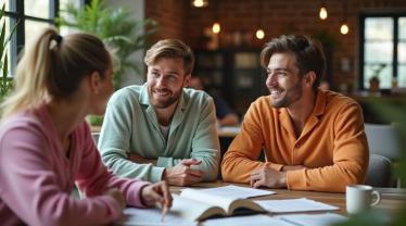 Collega's in een kantoor omgeving, allemaal in pyjama gekleed.