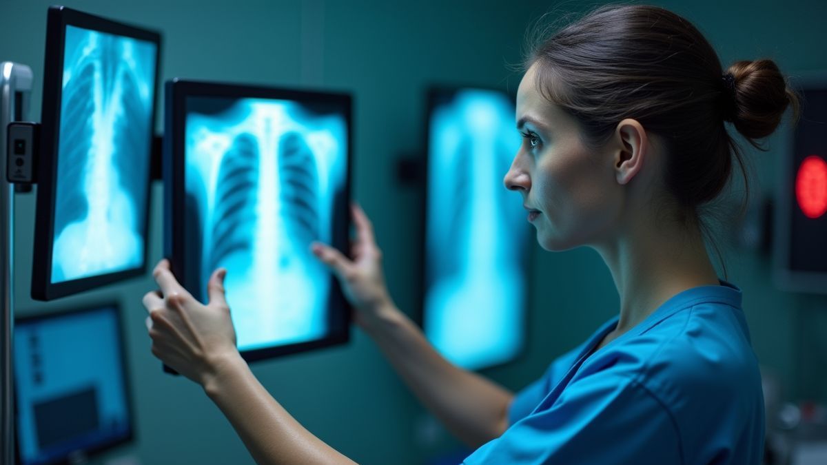 Medisch professional die röntgentechnologie demonstreert