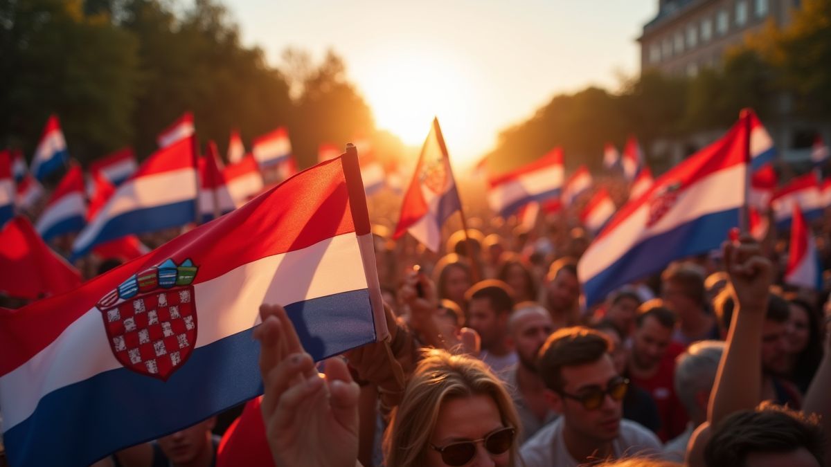 Menigte die de Onafhankelijkheidsdag viert met Kroatische vlaggen.