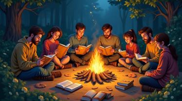 Mensen delen verhalen rondom een kampvuur.