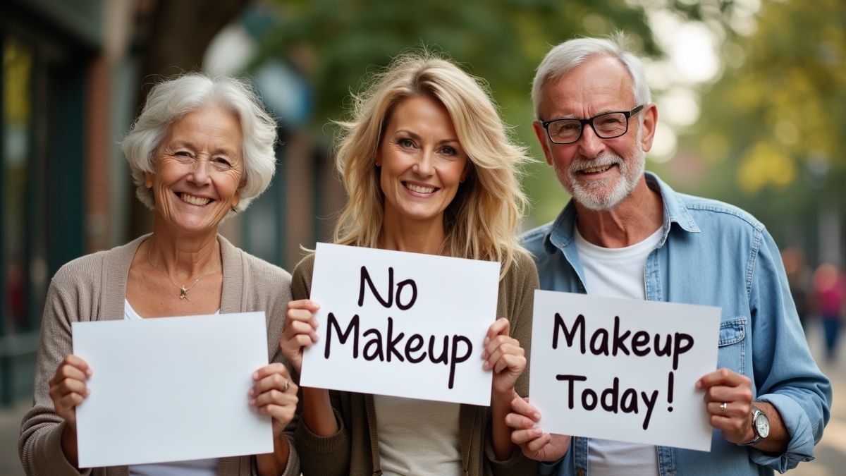 Mensen die borden omhoog houden met de tekst 'Vandaag geen make-up!'