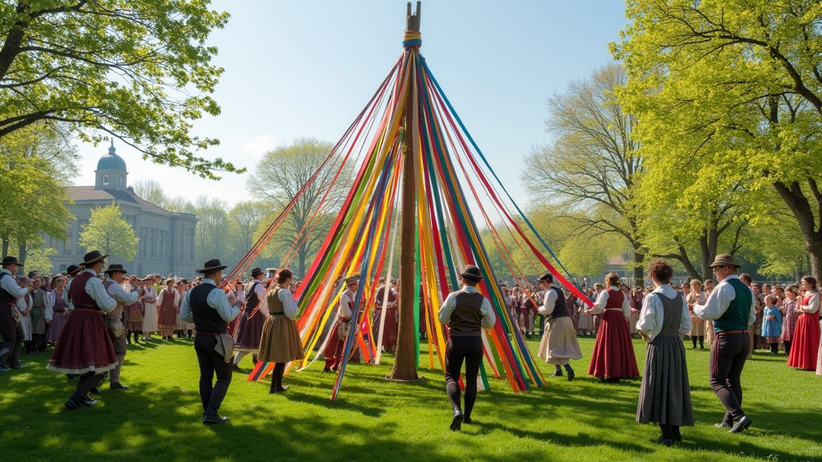 Mensen die dansen rond een versierde meipaal.