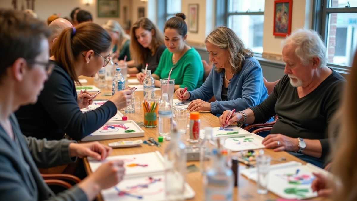 Mensen die deelnemen aan een gemeenschapskunstcursus met verschillende kunstmedia.