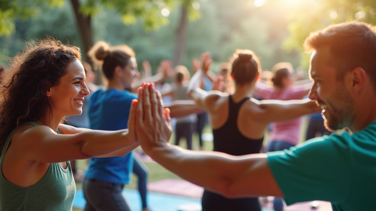 Mensen die fysiotherapie-oefeningen doen tijdens een gemeenschappelijk evenement.