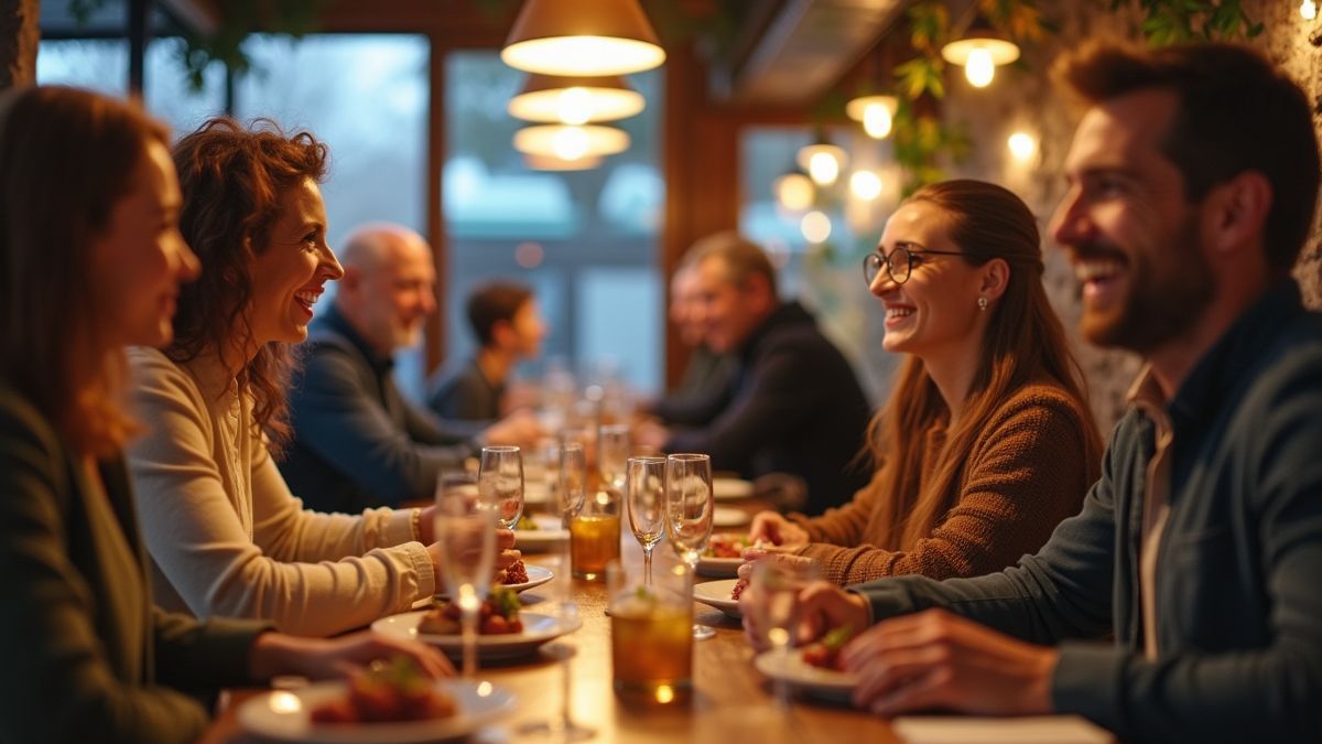 Mensen die gelukkig dineren in een lokaal restaurant tijdens Geen Vuile Afwas Dag