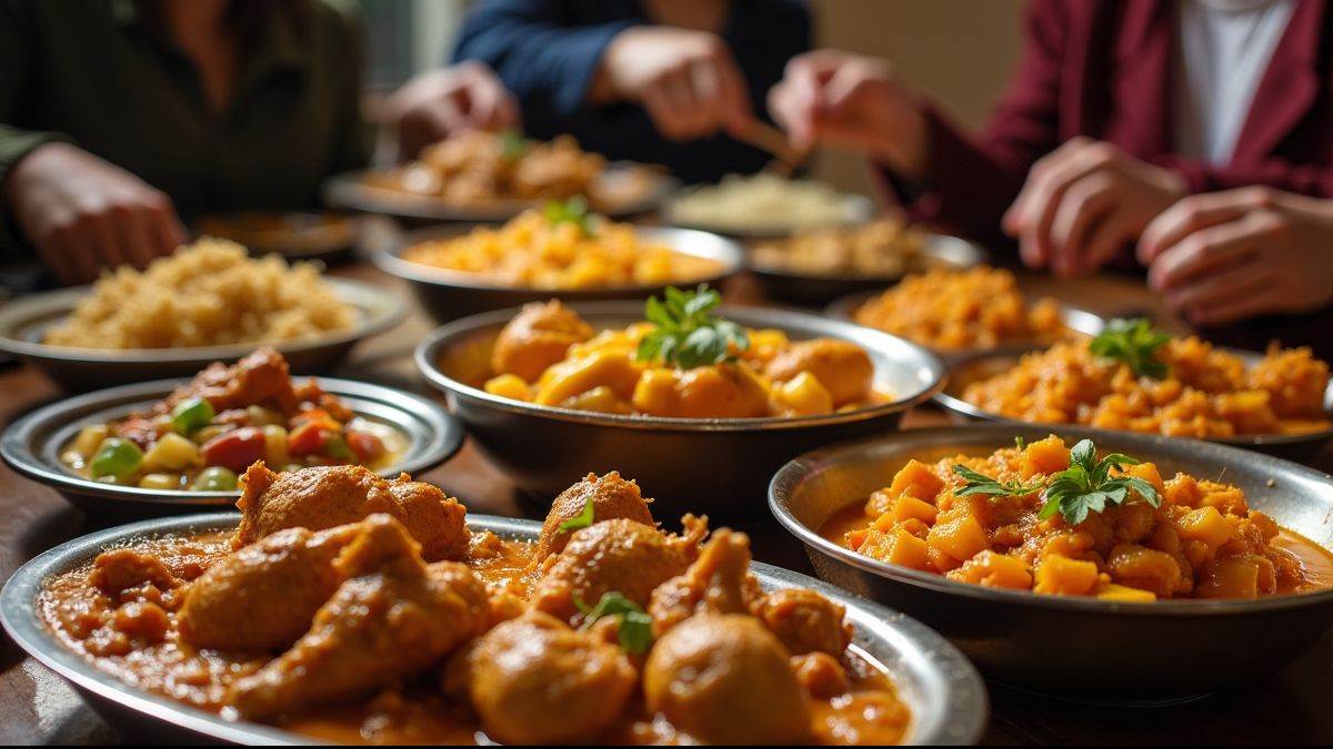 Mensen die genieten van een kip curry feest