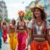Mensen die op stelten lopen tijdens een feestelijke optocht.