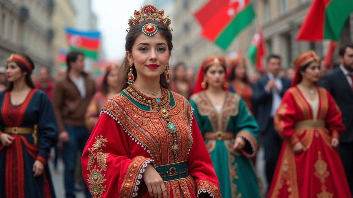 Mensen gekleed in traditionele Azerbeidzjaanse kleding.