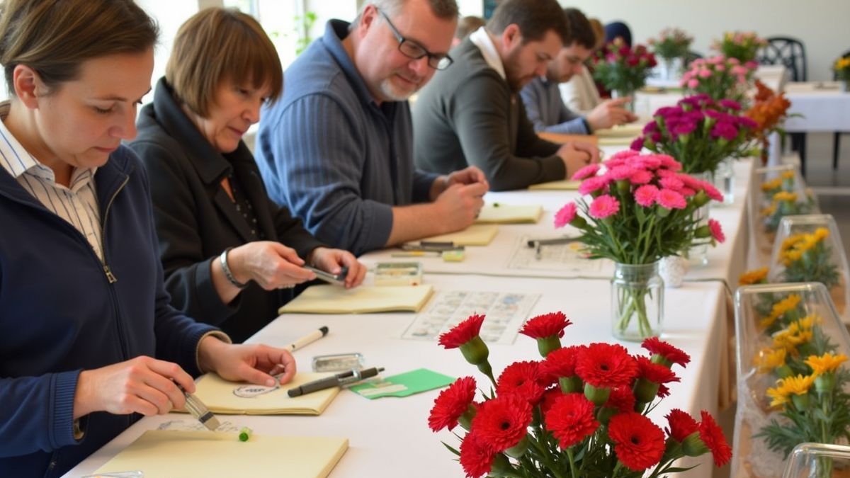 Mensen genieten van een bloemschikworkshop met kleurrijke anjers.