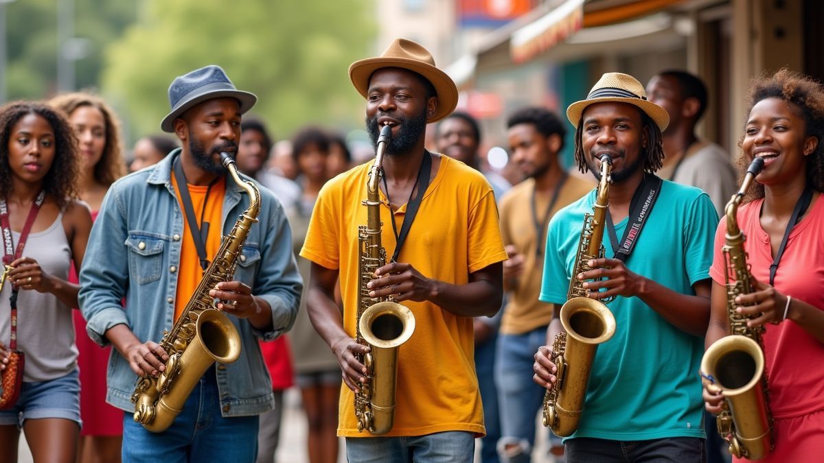 Mensen genieten van een levendig jazzconcert in de open lucht.