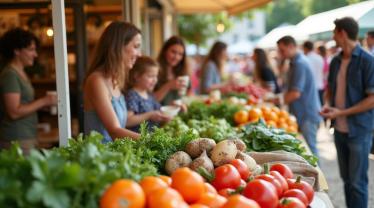 Mensen genieten van verse lokale producten op de boerenmarkt.