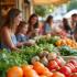 Mensen genieten van verse lokale producten op de boerenmarkt.
