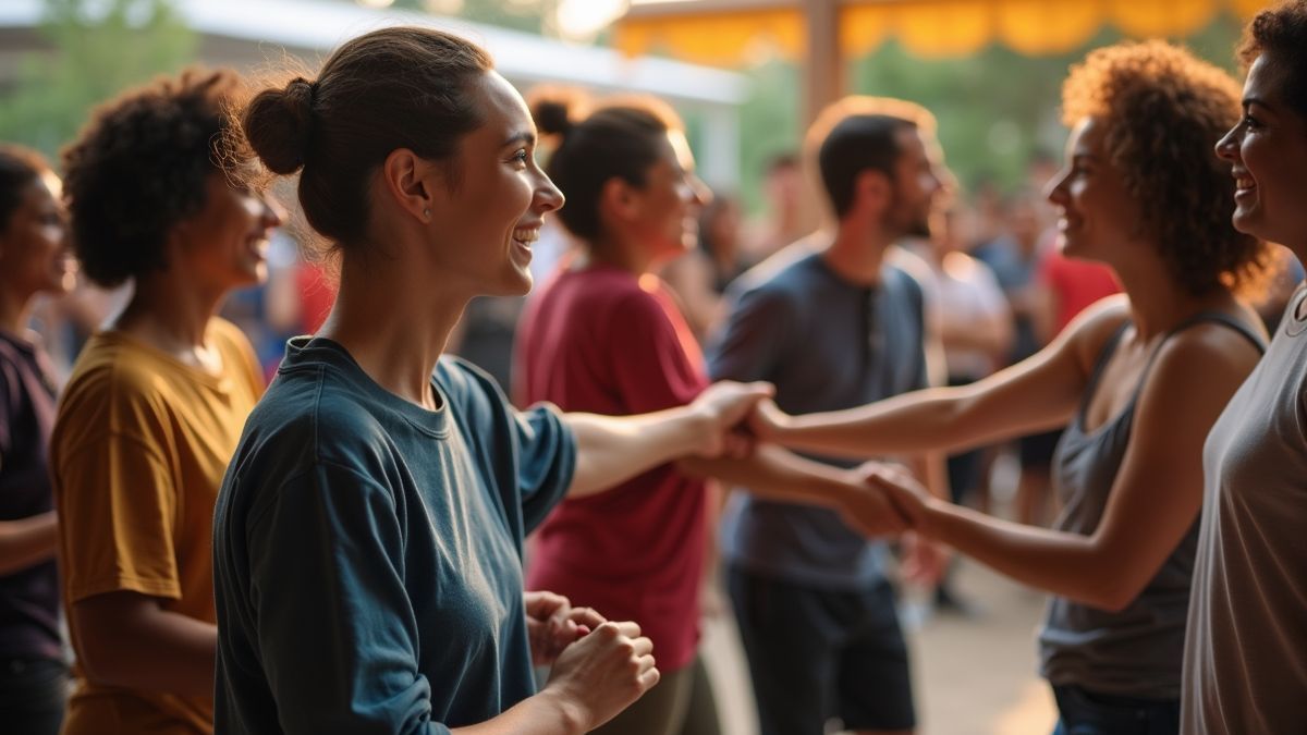 Mensen hand in hand dansend in een kring tijdens een gemeenschapsbijeenkomst.