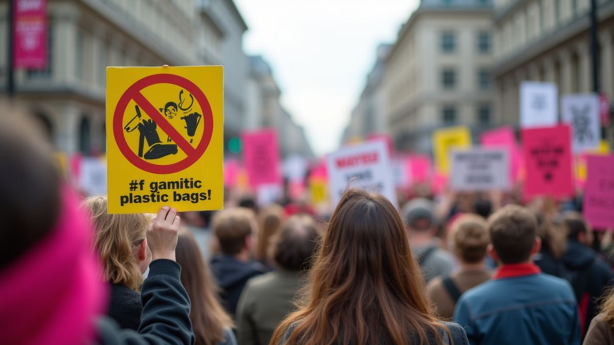 Mensen houden borden in een protest tegen plastic zakken