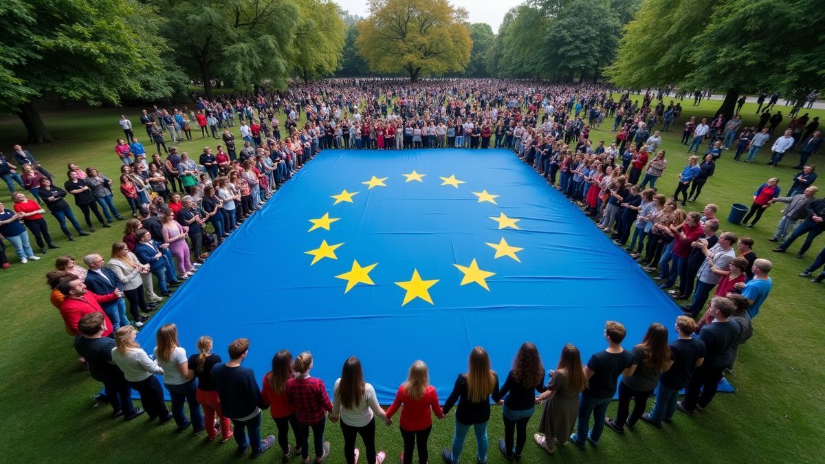 Mensen houden elkaars handen rond een grote Europese vlag