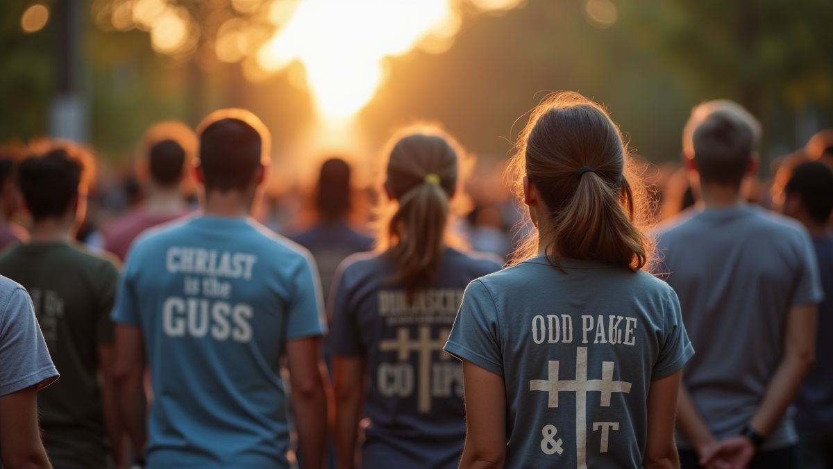 Mensen in contemplatieve houding met Christelijke t-shirts