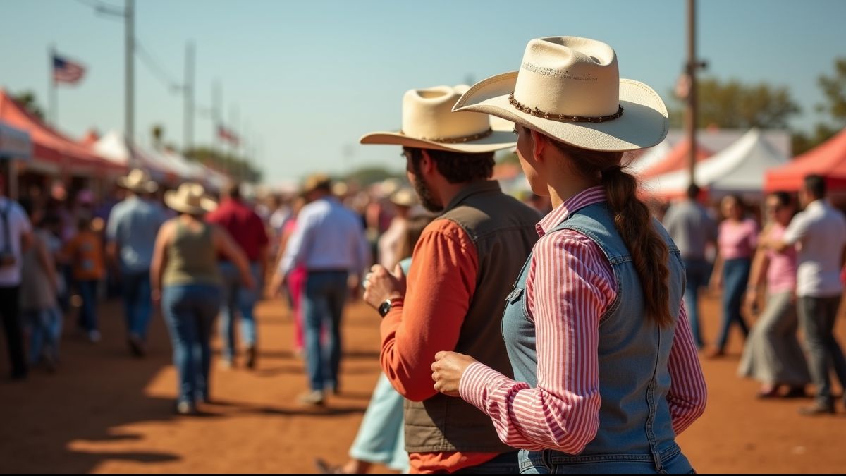 Mensen in cowboykleding aan het line-dancen