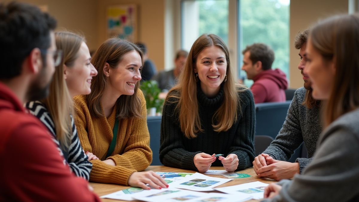 Mensen in gezellige truien bij een workshop over duurzaamheid