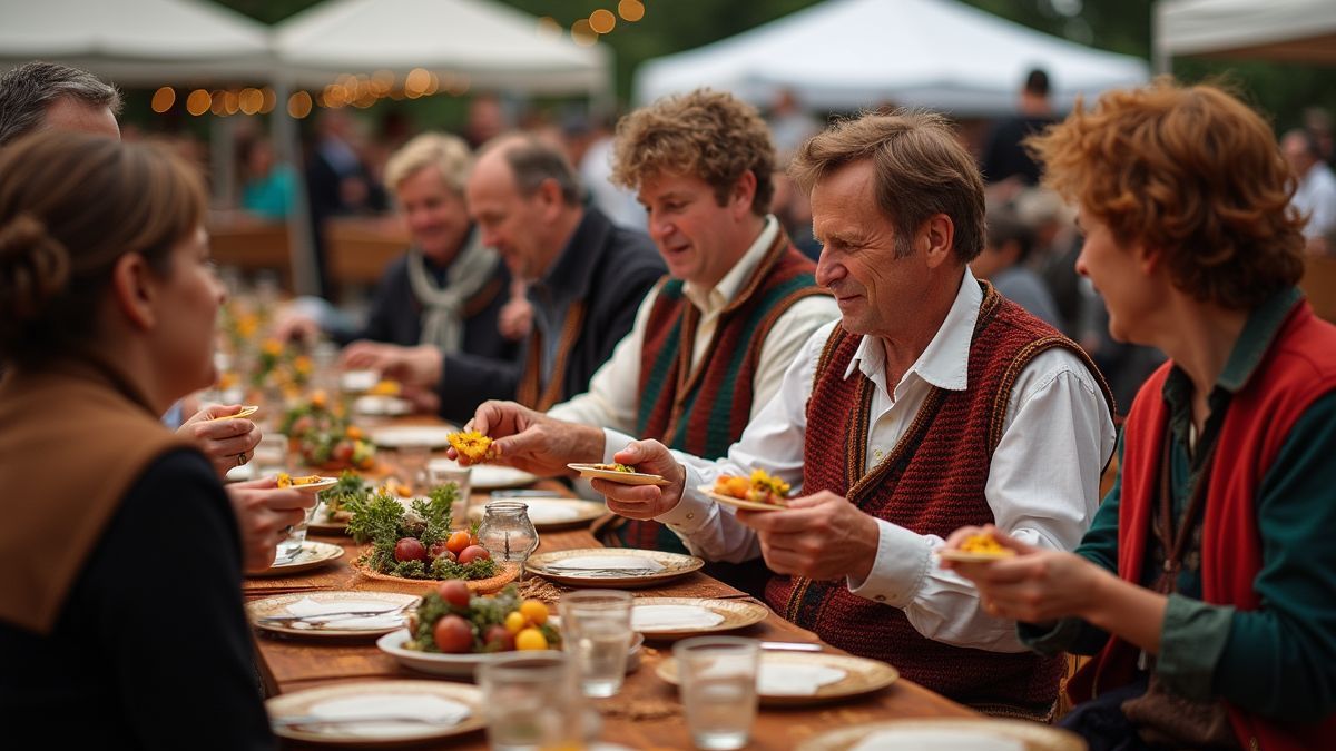 Mensen in traditionele Acadiane kleding genieten van festiviteiten.