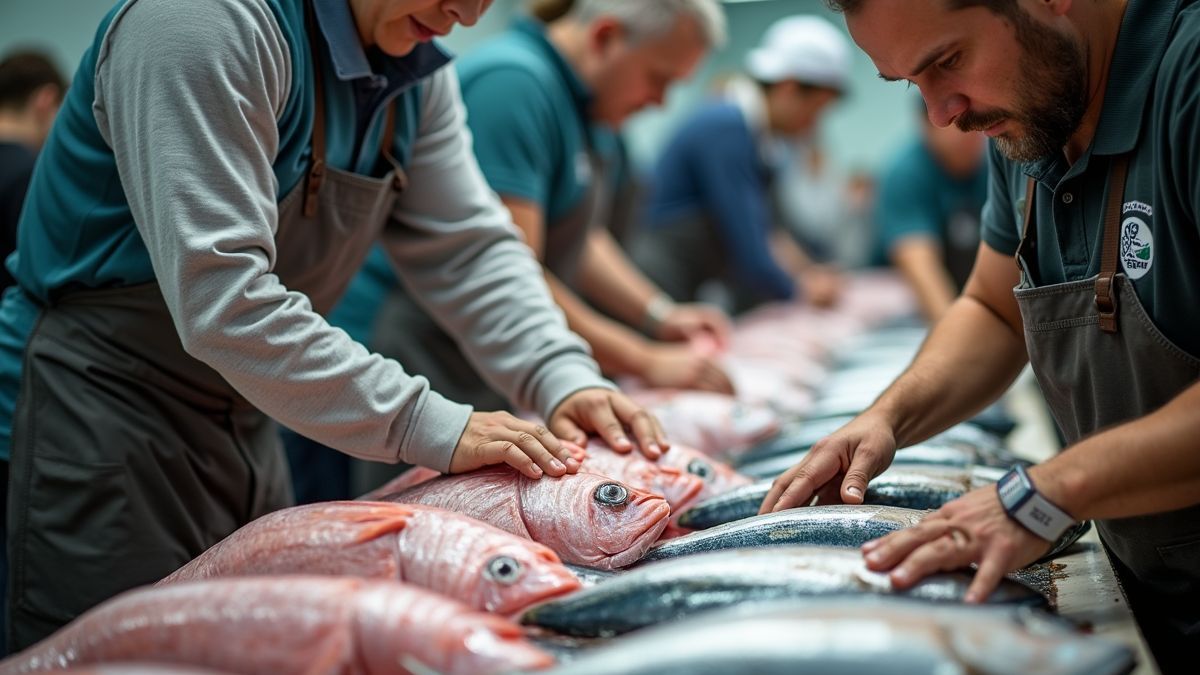 Mensen inspecteren gecertificeerde tonijn op een markt met MSC-label.