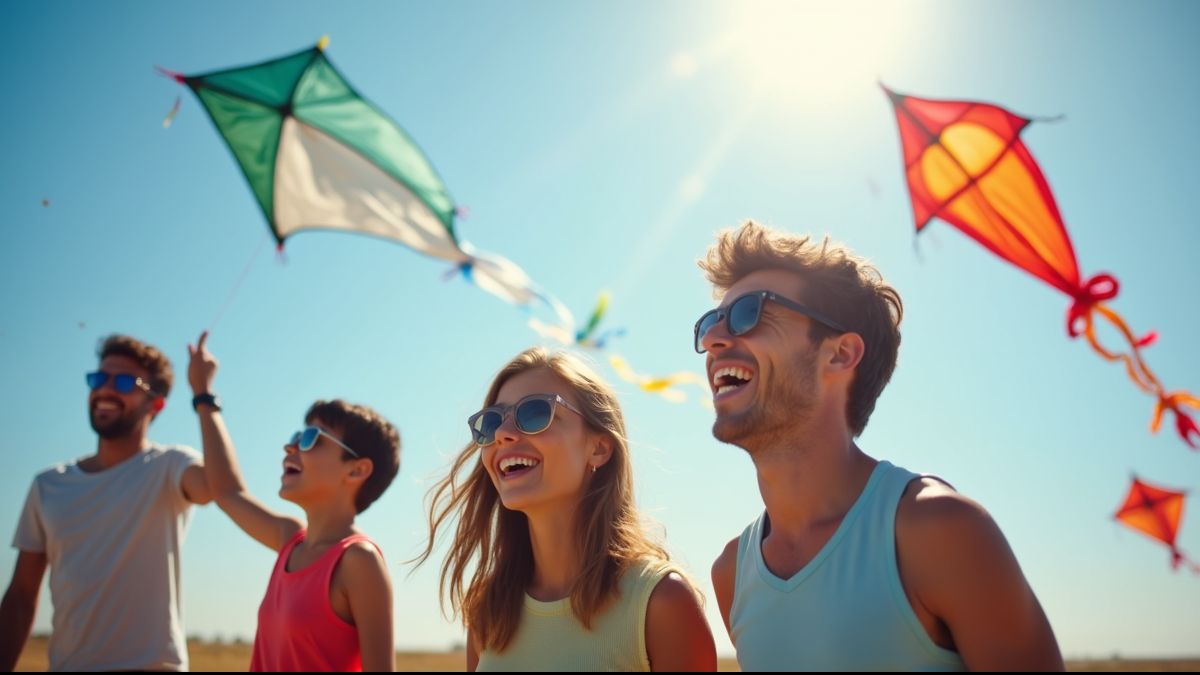 Mensen laten kleurrijke vliegers op tijdens Makar Sankranti