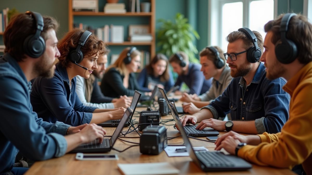 Mensen leren vaardigheden in amateur radio tijdens een workshop
