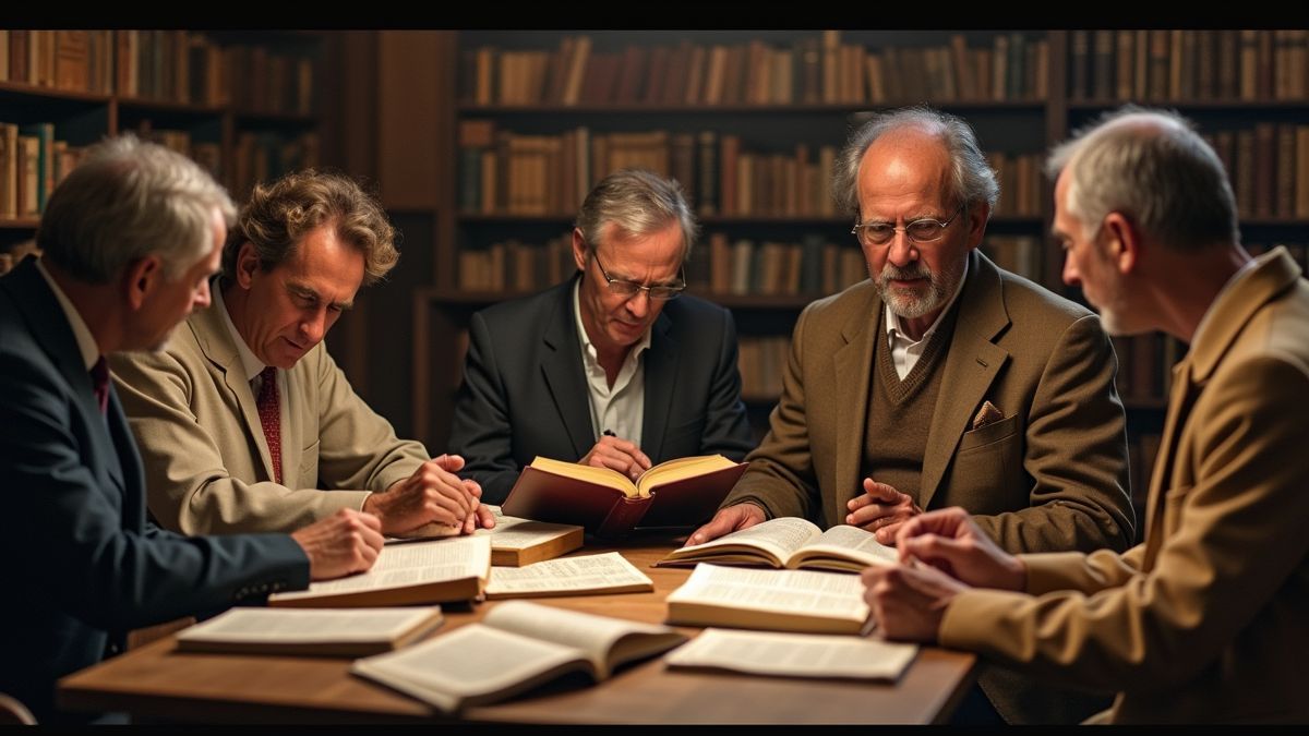 Mensen lezen boeken en voeren historische discussies.