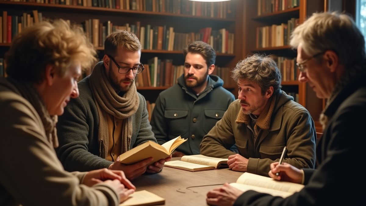 Mensen lezen boeken en voeren historische discussies.