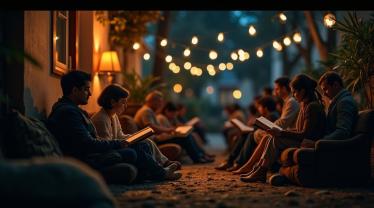 Mensen lezen boeken tijdens een gezellige nacht.