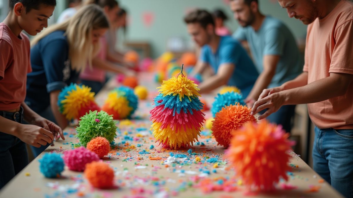 Mensen maken kleurrijke piñata's tijdens een workshop.
