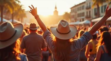 Mensen met cowboyhoeden en gitaren op een festival