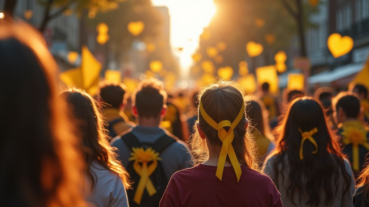 Mensen met gele lintjes in de straten.