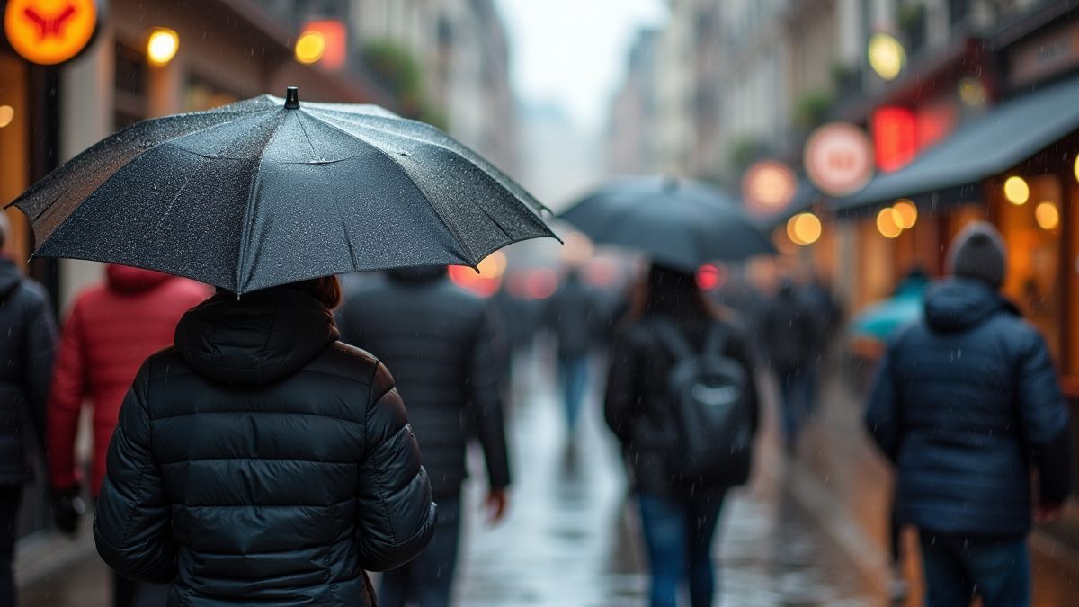 Mensen met paraplu's op een regenachtige straat