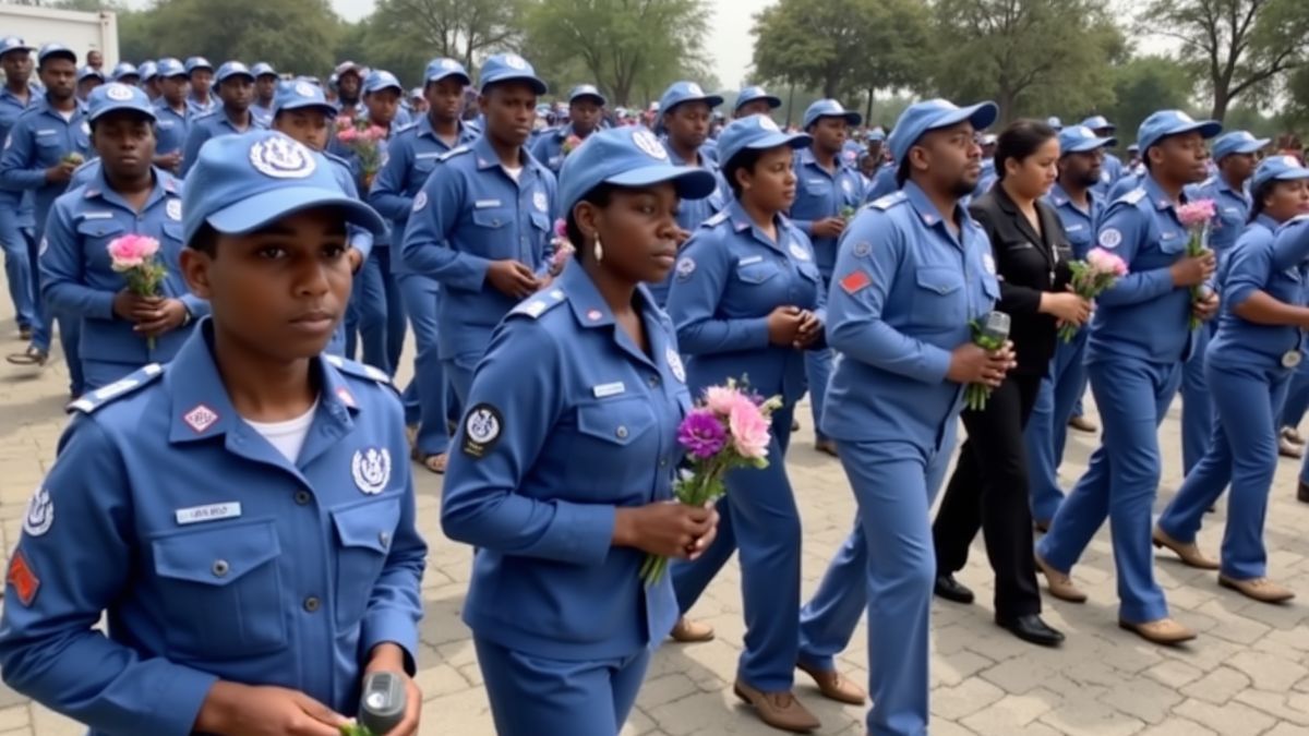 Mensen nemen deel aan een herdenkingsdienst voor VN-vredesmacht met blauwe kleding en bloemen.