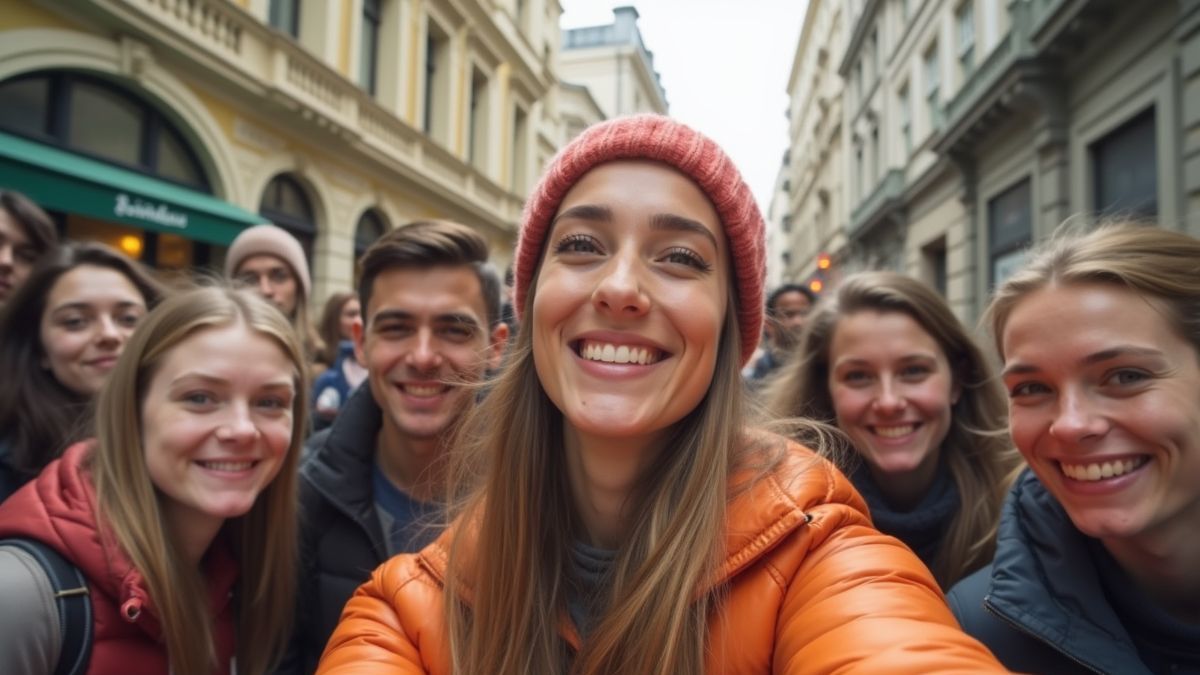 Mensen nemen selfies op verschillende locaties