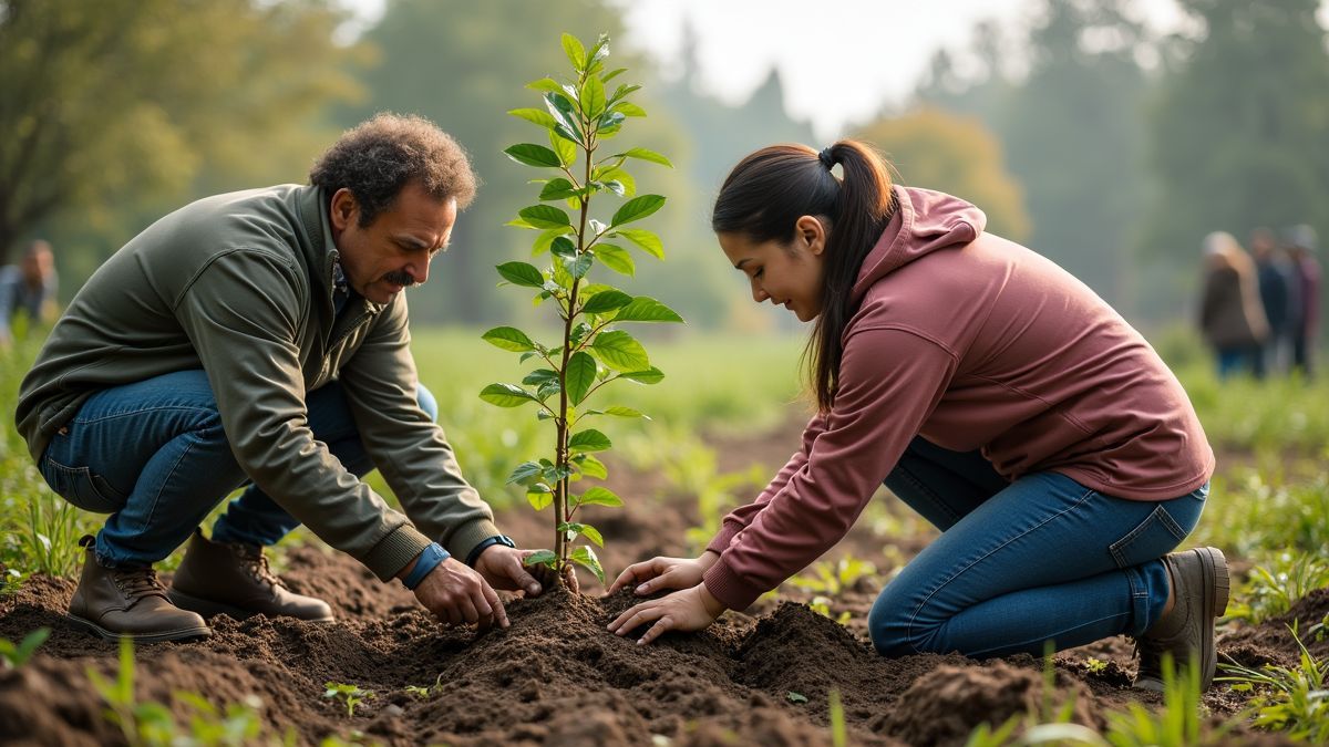 Mensen planten bomen tijdens een gemeenschapsevenement