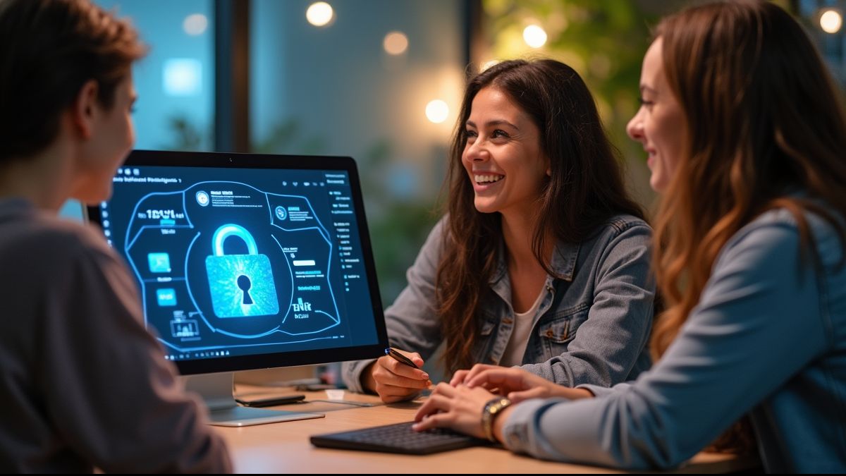 Mensen rond een computer die leren over digitale veiligheid