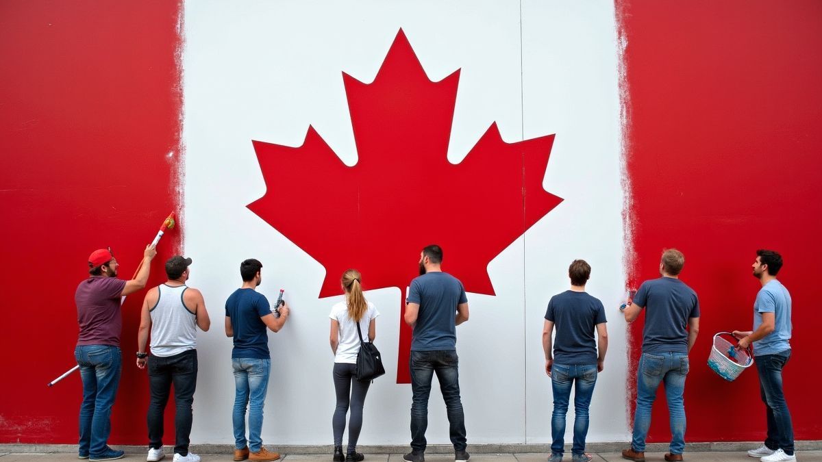 Mensen schilderen een grote Canadese vlag muurschildering