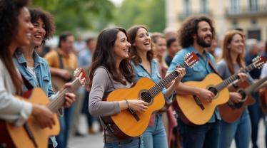Mensen spelen gitaar buiten op een plein