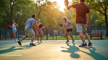 Mensen spelen pickleball in een zonnig park