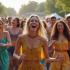 Mensen uit verschillende culturen die samen dansen op een kleurrijk festival.