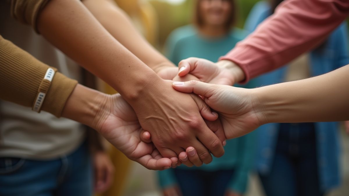 Mensen van verschillende rassen en geslachten houden handen vast