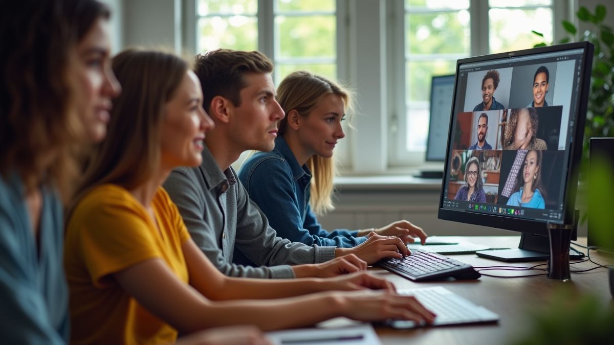 Mensen verzamelen zich rondom een computer voor een virtuele leersessie