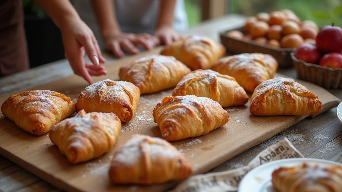 Mensen vieren Appelstrudel Dag met een verzameling strudels op tafel