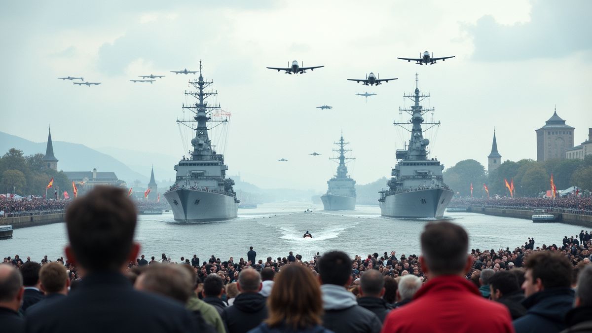 Mensenmassa's tijdens een marine-parade met schepen en vliegtuigen.