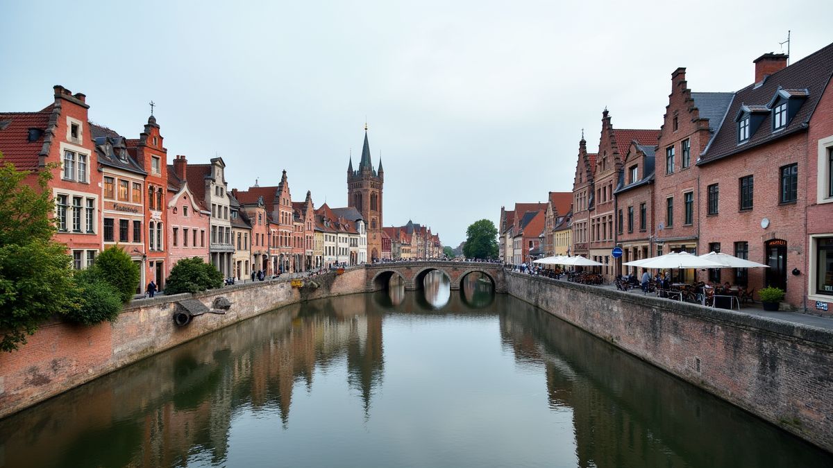 Middeleeuwse stad Brugge met grachten en historische gebouwen.